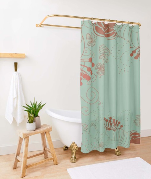 Dandelion Graphic Floral Shower Curtain | Orange Blue Floral Pattern | Fabric Bathroom Curtain & Mat - Image 2