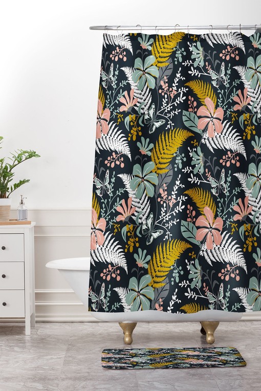 Dark Floral Boho Shower Curtain, Botanical Bath Decor, Vintage-Inspired Fabric Bath Curtain