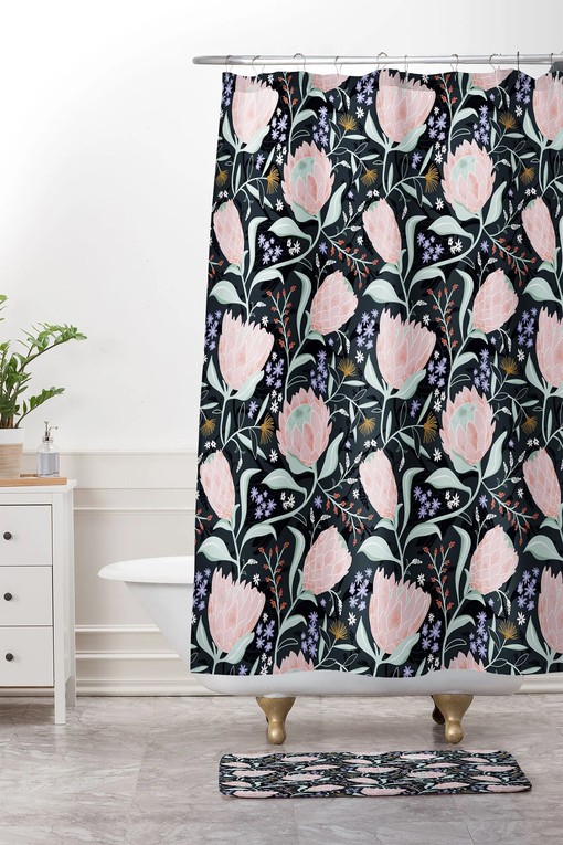 Dark Floral Protea Print Shower Curtain, Boho Style Bath Decor, Adds Wildness to Your Bathroom