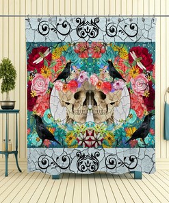 Dark Sugar Skull and Crackled Floral Crows Skulls Shower Curtain Set - Mysterious Bath Set with Matching Towels
