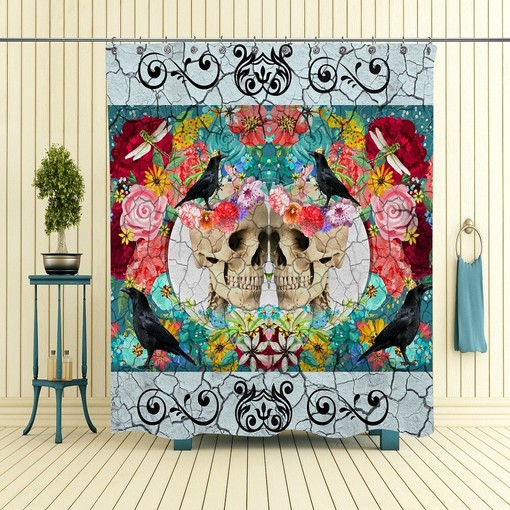 Dark Sugar Skull and Crackled Floral Crows Skulls Shower Curtain Set - Mysterious Bath Set with Matching Towels