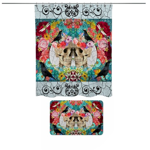 Dark Sugar Skull and Crackled Floral Crows Skulls Shower Curtain Set - Mysterious Bath Set with Matching Towels - Image 2