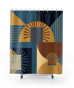 Dark Teal Mid Century Modern Shower Curtain, Retro Bathroom Decor Accessories
