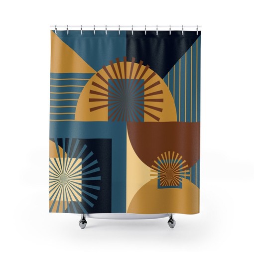 Dark Teal Mid Century Modern Shower Curtain, Retro Bathroom Decor Accessories