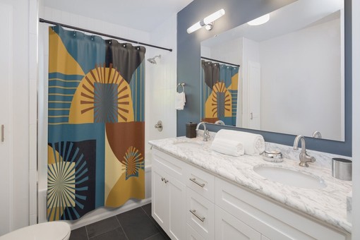 Dark Teal Mid Century Modern Shower Curtain, Retro Bathroom Decor Accessories - Image 2