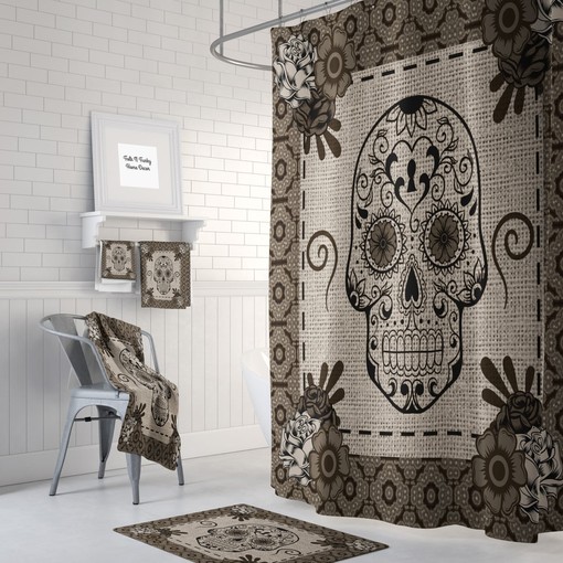 Day Of The Dead Bathroom Decor with Sugar Skull Red Bath Set featuring Restroom Shower Curtains Decorative