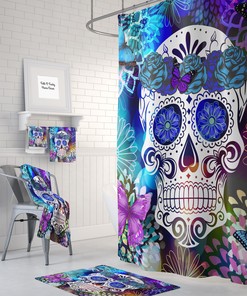 Day Of The Dead Sugar Skull Shower Curtain, Vintage Butterfly and Flowers Bathroom Decor