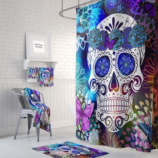 Day Of The Dead Sugar Skull Shower Curtain, Vintage Butterfly and Flowers Bathroom Decor
