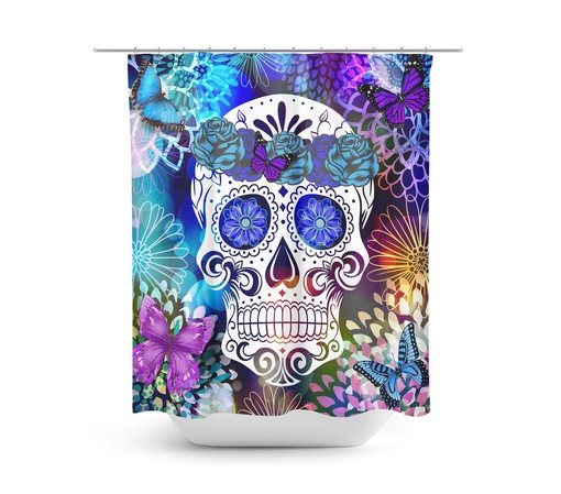 Day Of The Dead Sugar Skull Shower Curtain, Vintage Butterfly and Flowers Bathroom Decor - Image 2