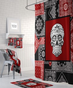 Day Of The Dead Sugar Skulls Shower Curtain Set in Black and Red with Bath Accessories