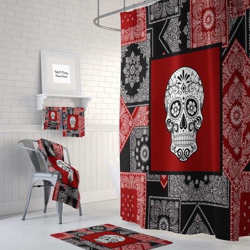 Day Of The Dead Sugar Skulls Shower Curtain Set in Black and Red with Bath Accessories