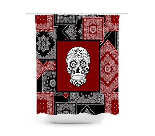 Day Of The Dead Sugar Skulls Shower Curtain Set in Black and Red with Bath Accessories - Image 2