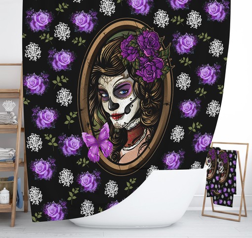 Day of the Dead Purple Sugar Skull Shower Curtain Set with Unique Bath Accessories for Gothic Bathroom Decor - Image 2
