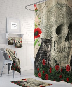 Day of the Dead Skull Shower Curtain Set with Gothic Design - Skulls, Crows, Owls, and Roses for a Dark Look