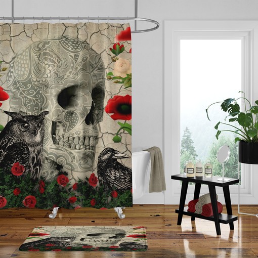 Day of the Dead Skull Shower Curtain Set with Gothic Design - Skulls, Crows, Owls, and Roses for a Dark Look - Image 2