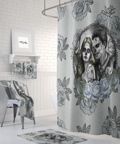 Day of the Dead Skull Shower Curtain with Love is Blue design and Roses for Romantic Goth