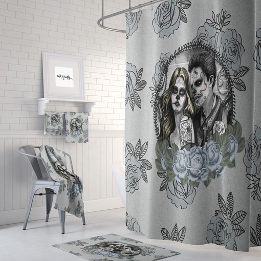 Day of the Dead Skull Shower Curtain with Love is Blue design and Roses for Romantic Goth