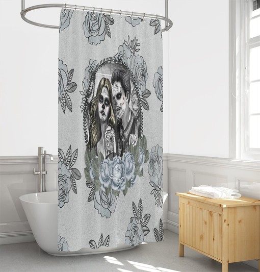 Day of the Dead Skull Shower Curtain with Love is Blue design and Roses for Romantic Goth - Image 2