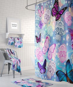 Day of the Dead Sugar Skull Butterflies Shower Curtain with Colorful Bath Accessories for Bohemian Bathroom Decor
