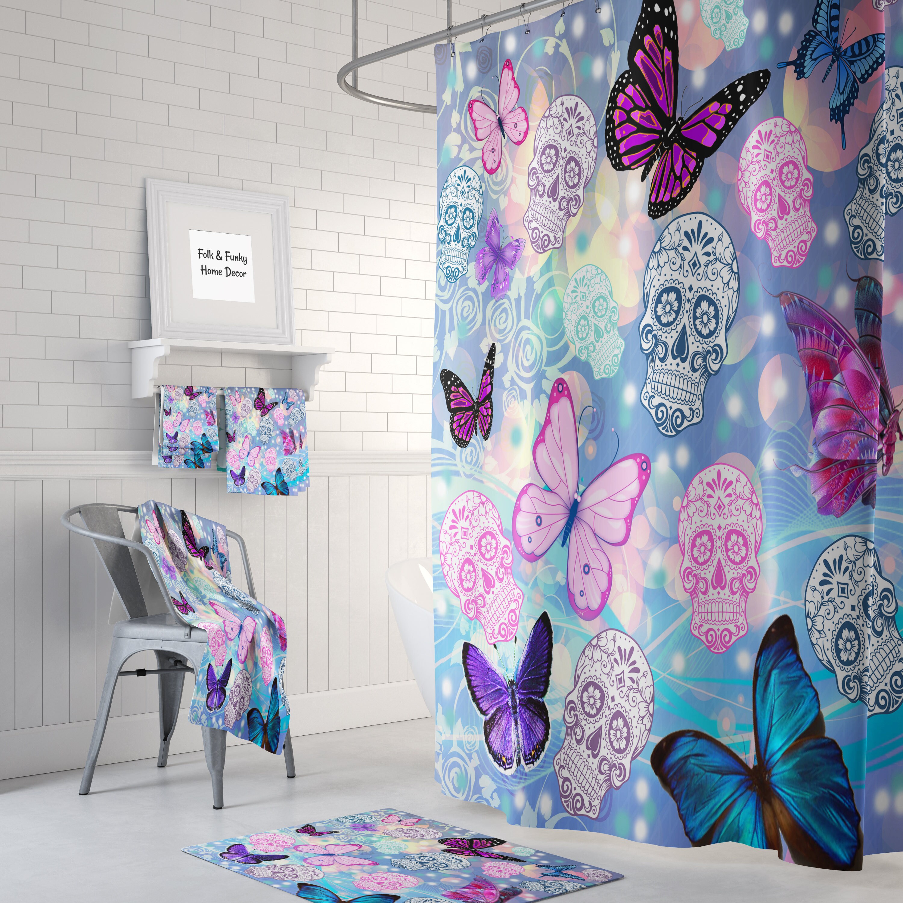 Day of the Dead Sugar Skull Butterflies Shower Curtain with Colorful Bath Accessories for Bohemian Bathroom Decor