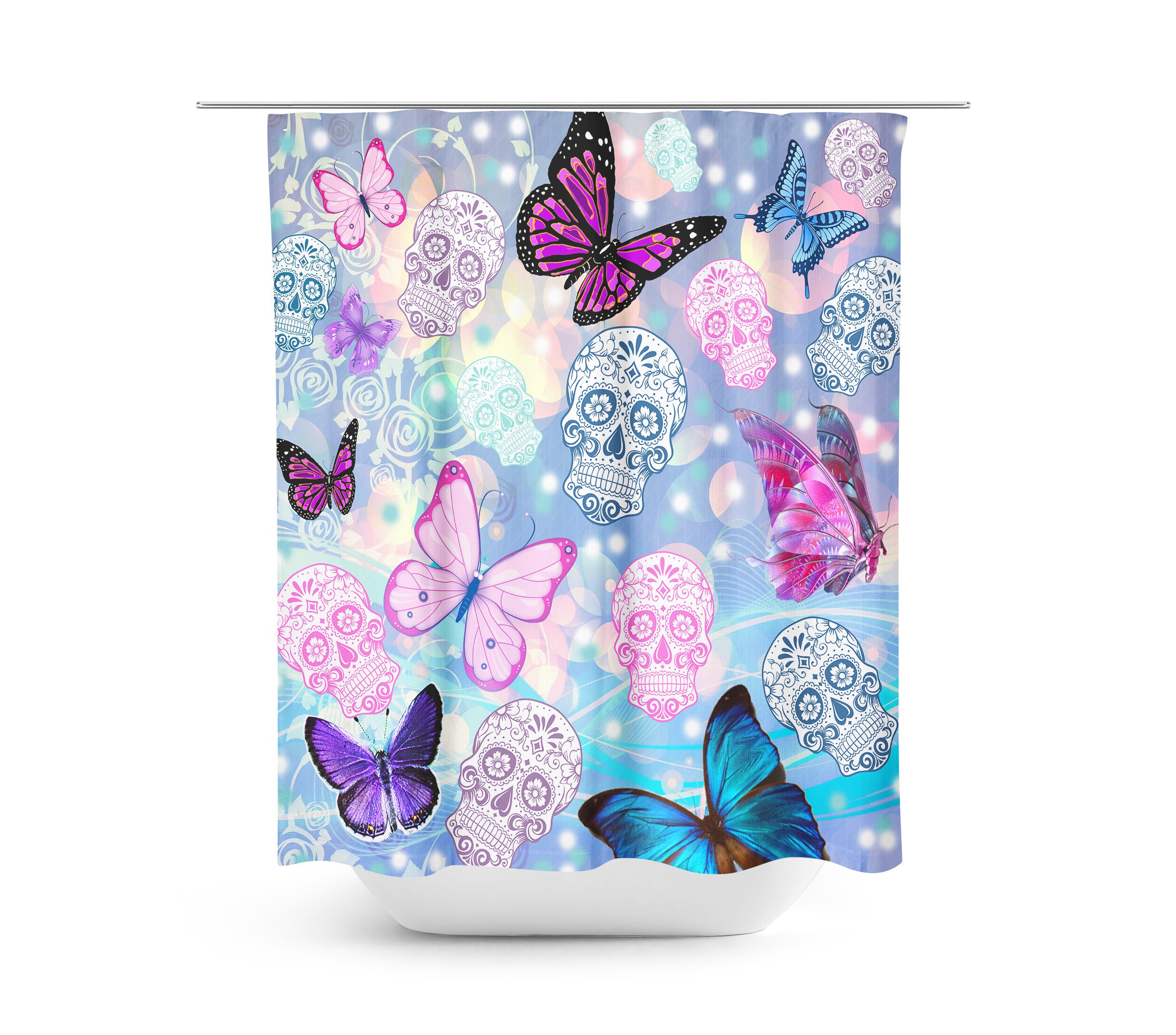 Day of the Dead Sugar Skull Butterflies Shower Curtain with Colorful Bath Accessories for Bohemian Bathroom Decor - Image 2