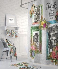 Day of the Dead Sugar Skull Skeleton Portraits Shower Curtain for Gothic Bathroom Decor.