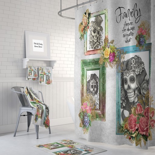 Day of the Dead Sugar Skull Skeleton Portraits Shower Curtain for Gothic Bathroom Decor.