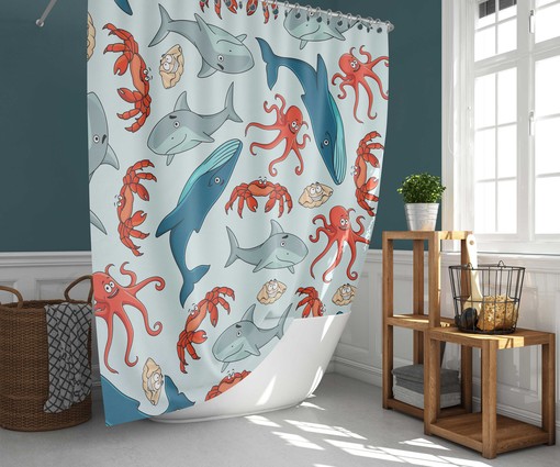 Deep Water Sea Creature Shower Curtain | Whale Octopus Shark Bathroom Decor | Ocean Theme