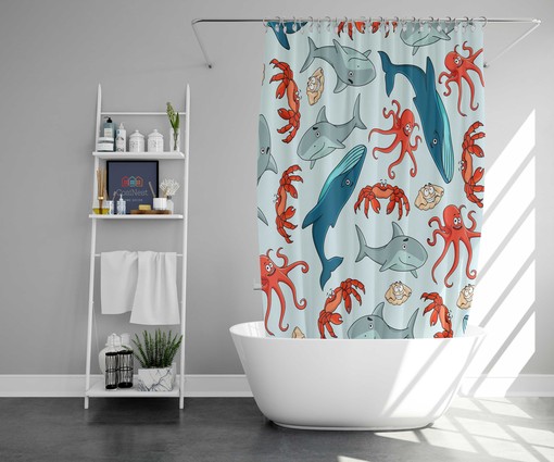 Deep Water Sea Creature Shower Curtain | Whale Octopus Shark Bathroom Decor | Ocean Theme - Image 2