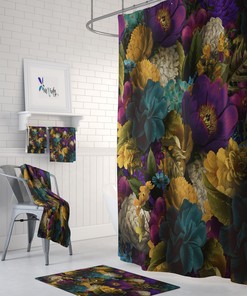 Delicate Romantic Floral Shower Curtain Set - Pretty Bath Set with Matching Towels and Mat for Romantic Bathroom Decor