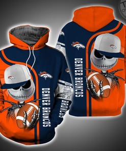 Denver Broncos All Over Print 3D Hoodie with Jack Skellington and Zero Zip-Up