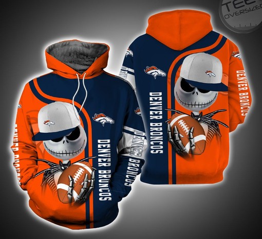 Denver Broncos All Over Print 3D Hoodie with Jack Skellington and Zero Zip-Up