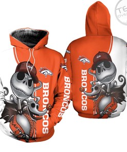 Denver Broncos All Over Print 3D Zip-Up Hoodie with Jack Skellington and Zero Graphic Design