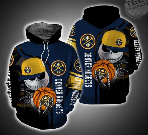 Denver Nuggets All Over Print 3D Hoodie with Jack Skellington and Zero Design