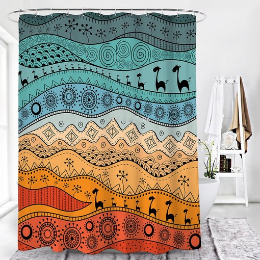 Desert Landscape Best Shower Curtain | Colorful Sun Trees Animals Graphic Bath Curtain