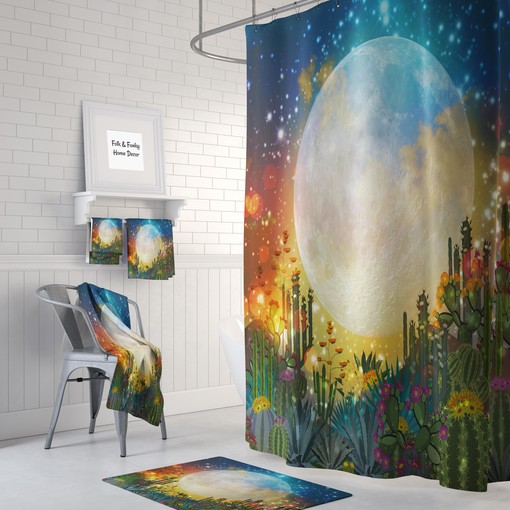 Desert Sunset Shower Curtain with Cactus Bath Mat for Colorful Bathroom Decor