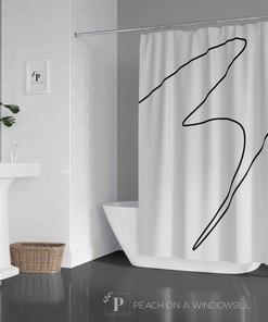 Designer Black and White Abstract Shower Curtain with Line Art Design for Light and Bright Masculine Bathroom Decor