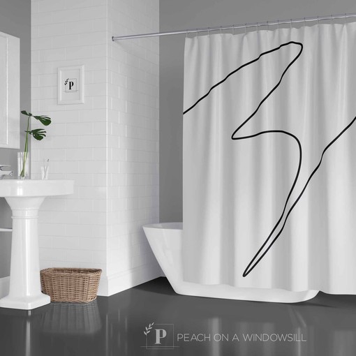 Designer Black and White Abstract Shower Curtain with Line Art Design for Light and Bright Masculine Bathroom Decor