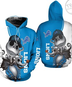 Detroit Lions All Over Print 3D Hoodie with Jack Skellington and Zero Graphic