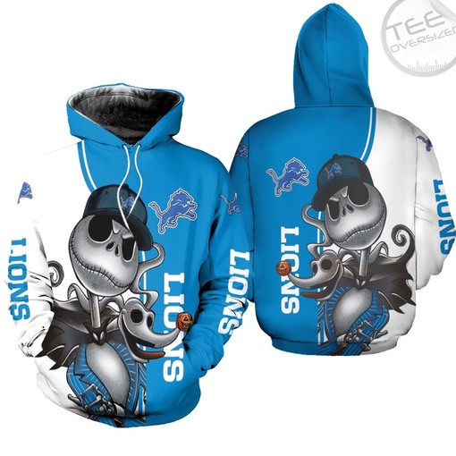 Detroit Lions All Over Print 3D Hoodie with Jack Skellington and Zero Graphic