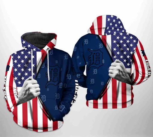 Detroit Tigers All Over Print US Flag 3D Hoodie - 3D Printed Hoodies
