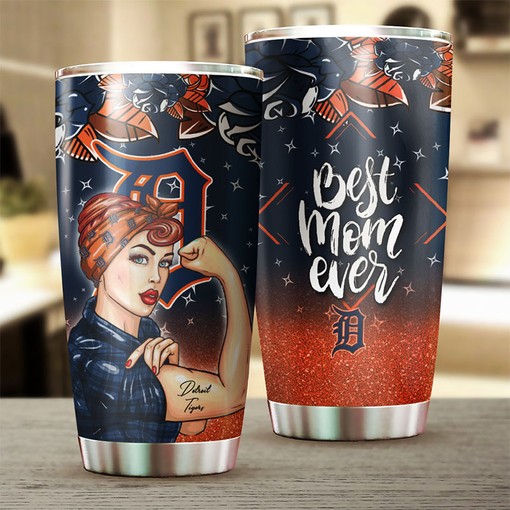 Detroit Tigers MLB Tumbler with Strong Best Mom Ever and MLB Logo - Personalized Tumbler for Tigers Fans