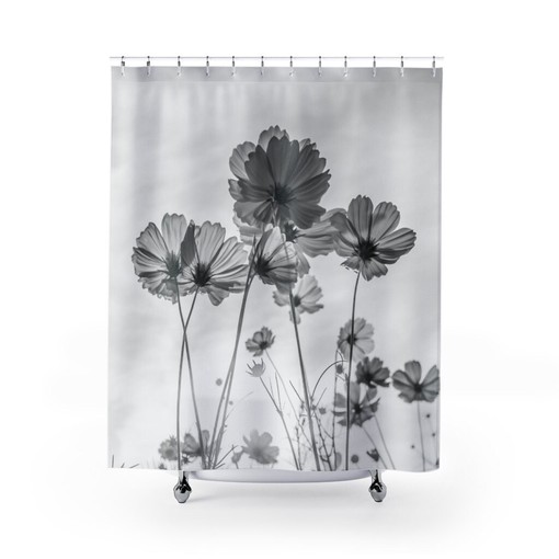 Disney Flower Cosmos Daisies Spring Shower Curtain, Black and White with Vintage Touch