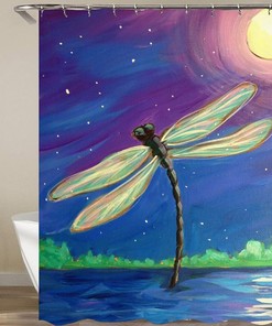 Dragonfly in Blue Hour Shower Curtain | Evening Full Moon Dark Night Insect Bathroom Curtain