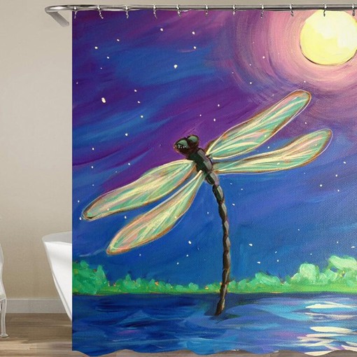 Dragonfly in Blue Hour Shower Curtain | Evening Full Moon Dark Night Insect Bathroom Curtain