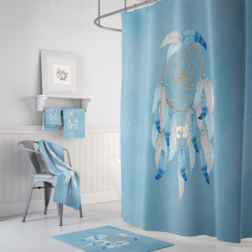 Dreamcatcher Watercolor Shower Curtain with Aqua Bath Accessories for Ethnic Bathroom Decor