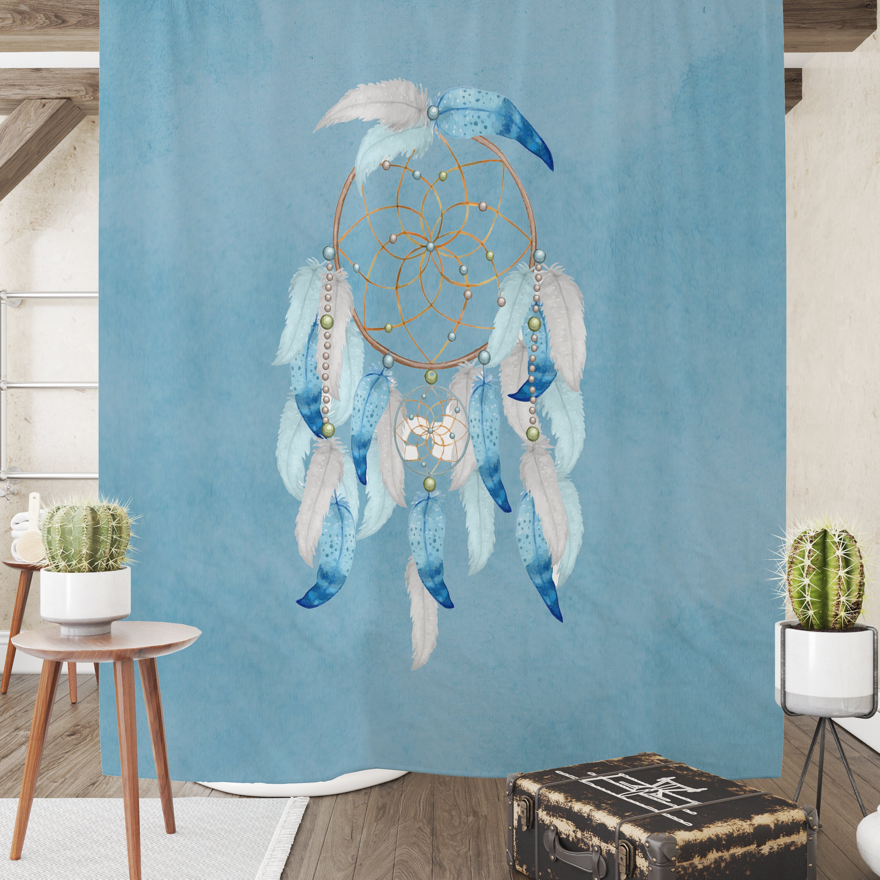 Dreamcatcher Watercolor Shower Curtain with Aqua Bath Accessories for Ethnic Bathroom Decor - Image 2
