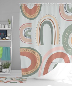 Dreamy Landscape Colorful Shower Curtain | Rainbow Sky Fabric Bathroom Curtain and Mat