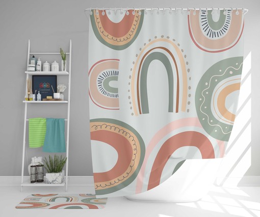 Dreamy Landscape Colorful Shower Curtain | Rainbow Sky Fabric Bathroom Curtain and Mat