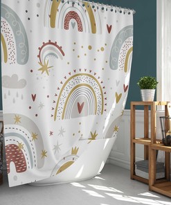 Dreamy Rainbow Sky Shower Curtain | Nordic Clouds Stars Print | Kids Bathroom Decor